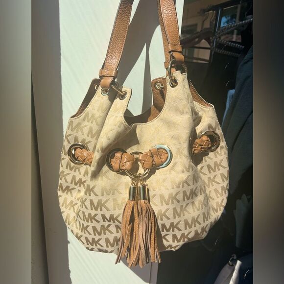 Michael Kors Logo Hobo Tote Shoulder Bag –Braided Grommet Handle Beige Canvas - Picture 3 of 13